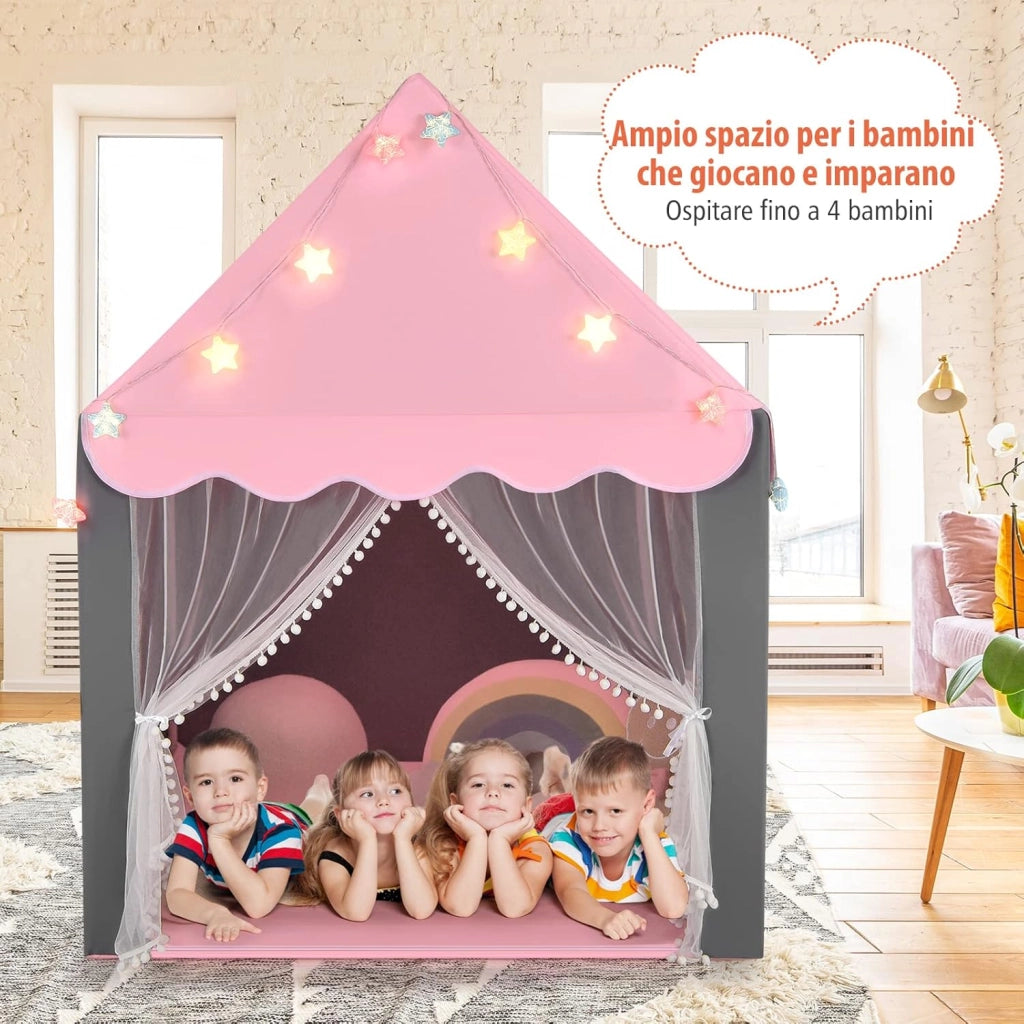 Tenda da Gioco per Bambini, Tenda Castello con Tappetino Lavabile, Luci a Forma di Stella, per Interno ed Esterno, 105 x 121 x 136 cm (Rosa)