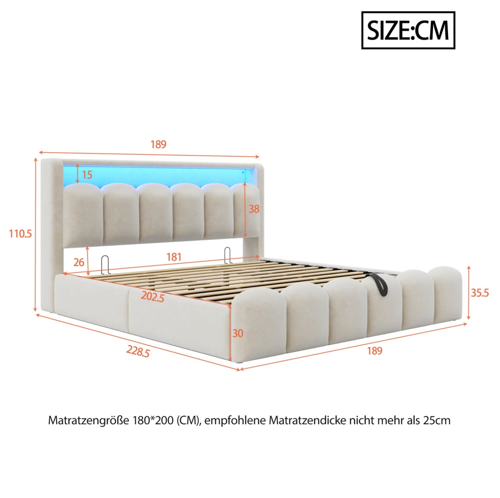 Letto contenitore 180x200 cm in velluto beige con LED, USB Type-C e vano portaoggetti
