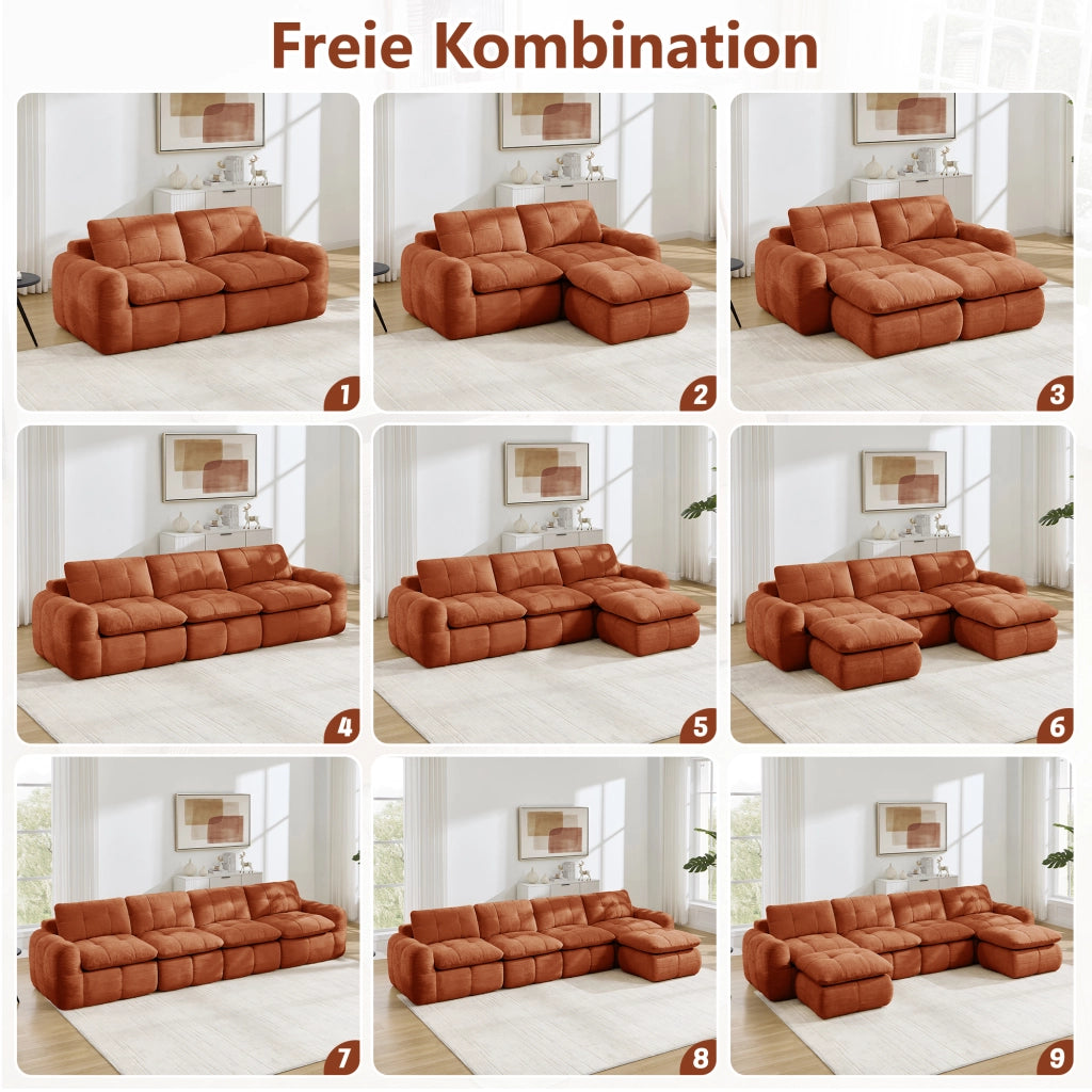 Divano angolare modulare a 3 posti in chenille arancione con pouf e struttura senza telaio per soggiorno