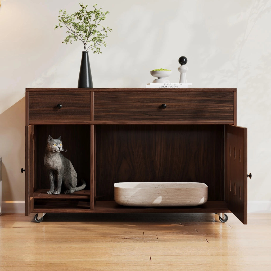 Mobile copriletiera per gatti con 2 cassetti; vassoio raccogli sabbia removibile e ruote noce 100 × 45 × 66 cm