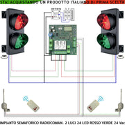 Impianto Semaforico Orientabile 180° Semafori 24 Led Rossi 24 Led Verdi Lente Ø 124 mm Aliment. 24 Vac 3 W IP65 Tempi Regolabili da 8 a 120. Prenotazione da Utente con Radiocomandi Ingresso Condominio