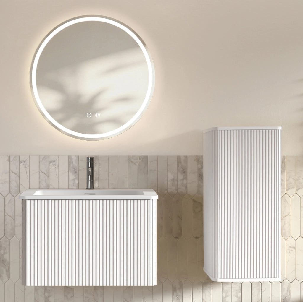 Mobile bagno 60 cm bianco con lavabo e specchio LED rotondo, sospeso