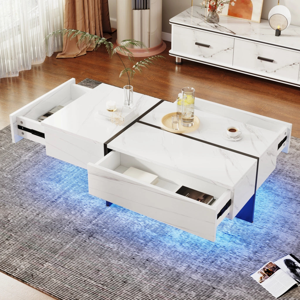 Tavolino da salotto in truciolato con finitura lucida effetto marmo bianco, 100x50x34,5 cm, con sistema di illuminazione LED controllabile via app, colore nero