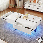 Tavolino da salotto in truciolato con finitura lucida effetto marmo bianco, 100x50x34,5 cm, con sistema di illuminazione LED controllabile via app, colore nero