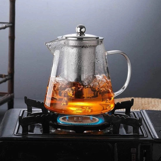 Thee infusore in vetro con contenitore termoresistente e filtro - Accessorio per tè e caffè - 450 ml.