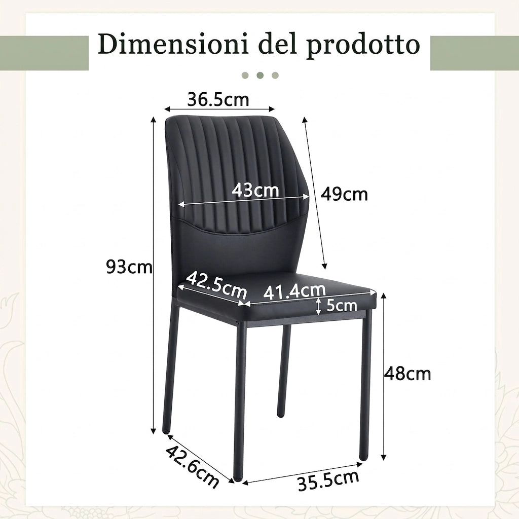 Set di 4 sedie da pranzo nere 93 cm con schienale a coste verticali; in PU e metallo