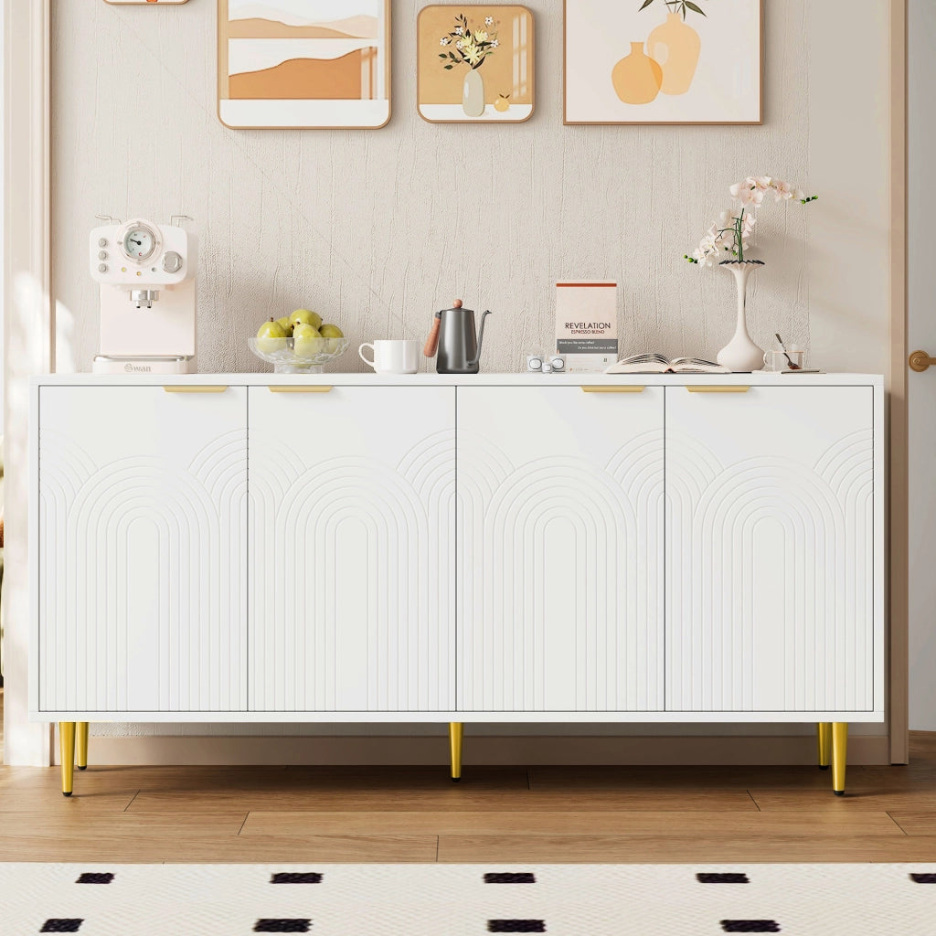 Sideboard soggiorno bianco, 160x80x40 cm, 4 ante, maniglie dorate spazzolate, gambe high-gloss