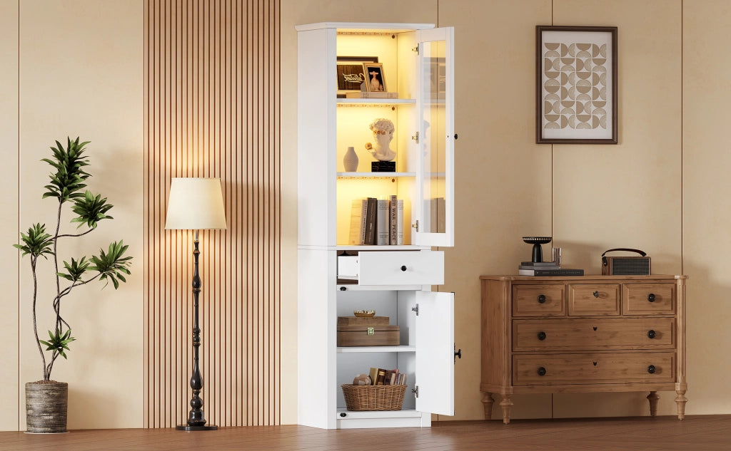 Vetrina in Vetro Bianca Mobile a Colonna 200 cm con Luci LED Cassetto e 2 Ante 55x40 cm
