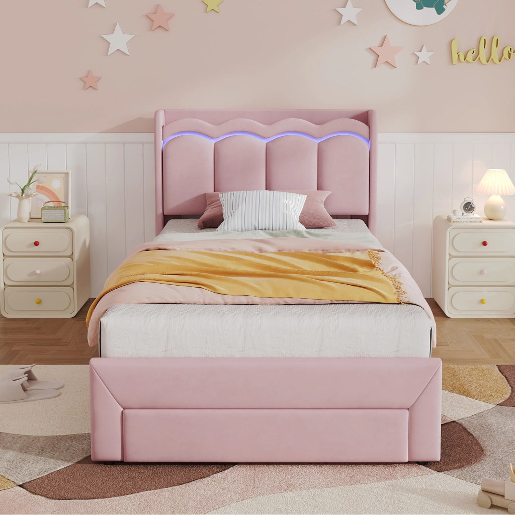 Letto singolo imbottito 90 x 200 cm in velluto rosa con cassetto; LED e testiera a onde