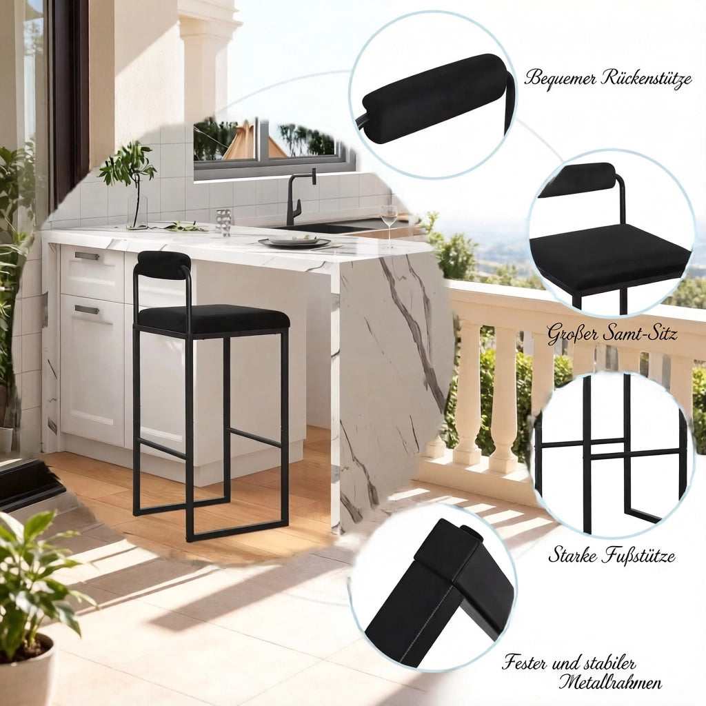 Sgabello da Bar Set da 2 con Schienale, Poggiapiedi e Piedini Antiscivolo, in Velluto Nero 38.5 × 39 × 95.5 cm