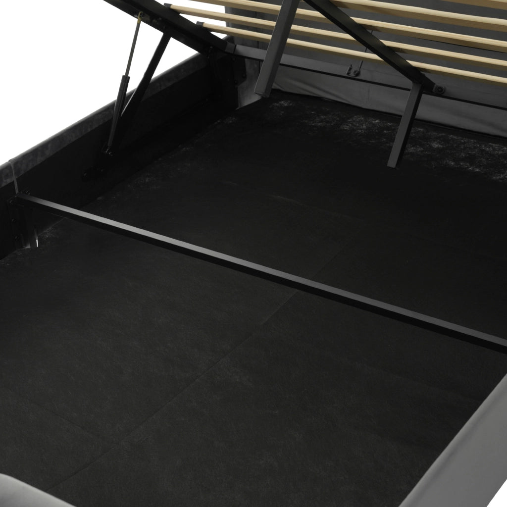 Letto 140x190 cm con contenitore idraulico, LED, USB e USB-C in velluto grigio