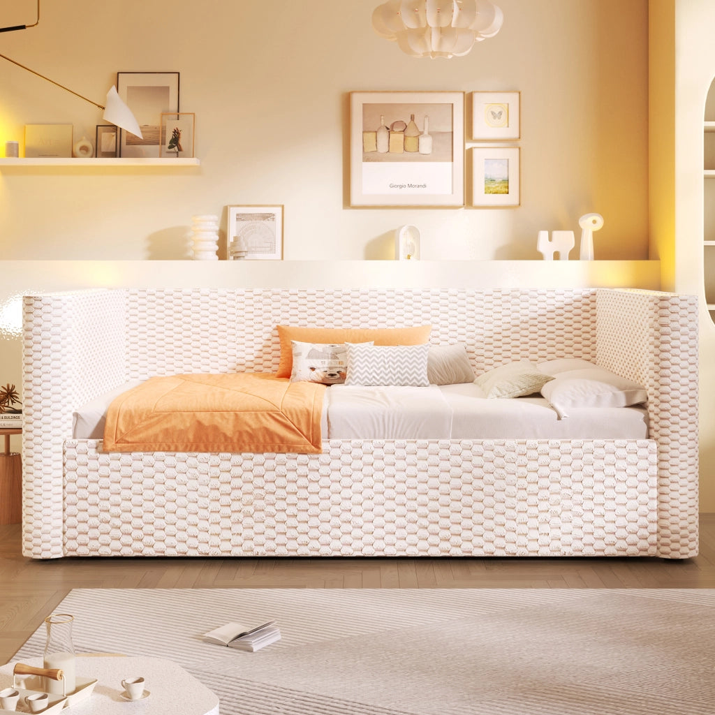 Letto divano singolo 90 × 200 cm con contenitore idraulico e LED multicolore; senza materasso; in velluto beige