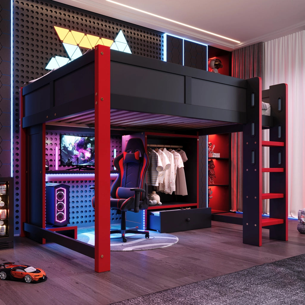 Letto a soppalco 140 × 200 cm con scrivania gaming armadio cassetti ripiani LED RGB scala in legno nero e rosso