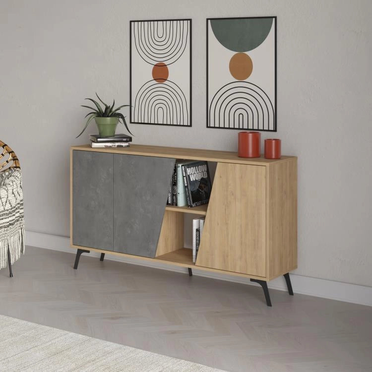 Madia Credenza Moderna 150 cm con 2 Ante 8 Vani e Ripiani Grigio e Quercia
