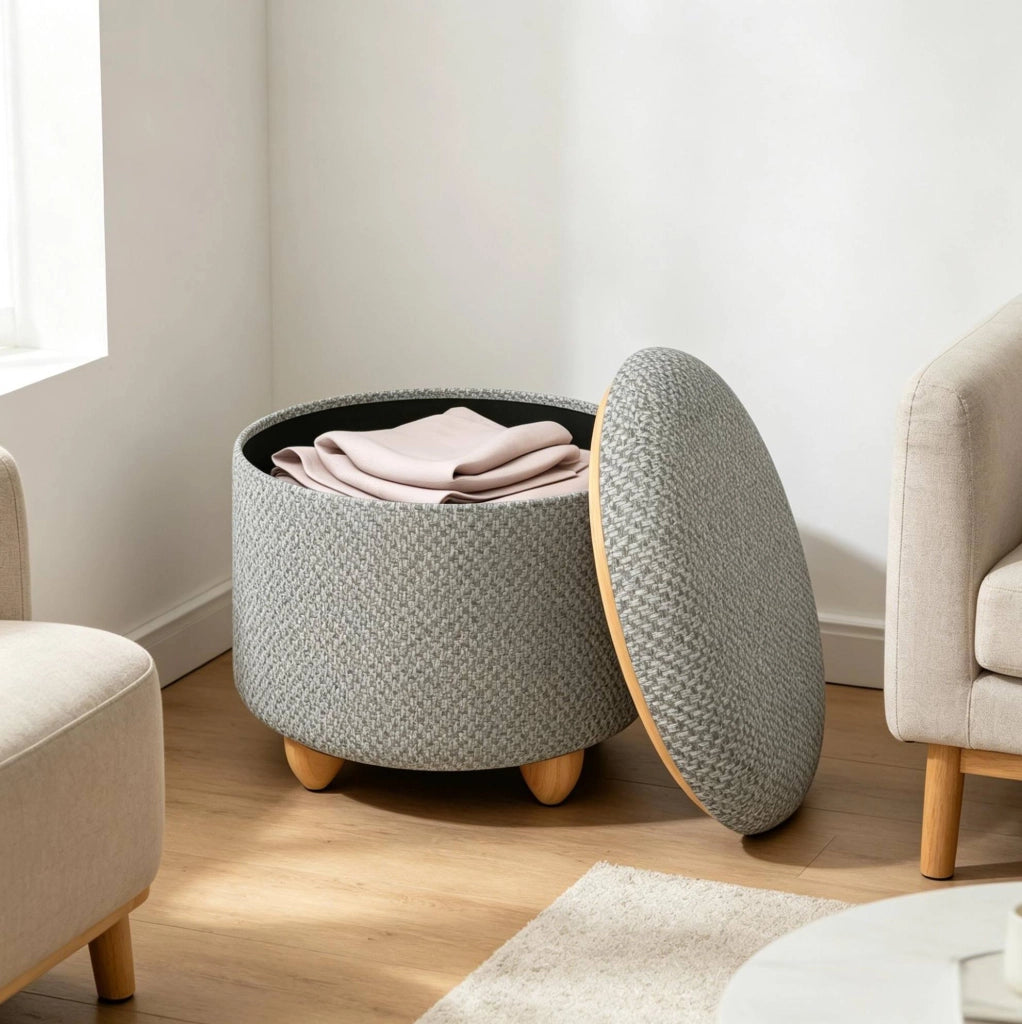 Ottomane contenitore tonda in lino grezzo grigio chiaro con struttura in MDF e gambe in pino, 39x39x33 cm, 21,5 L