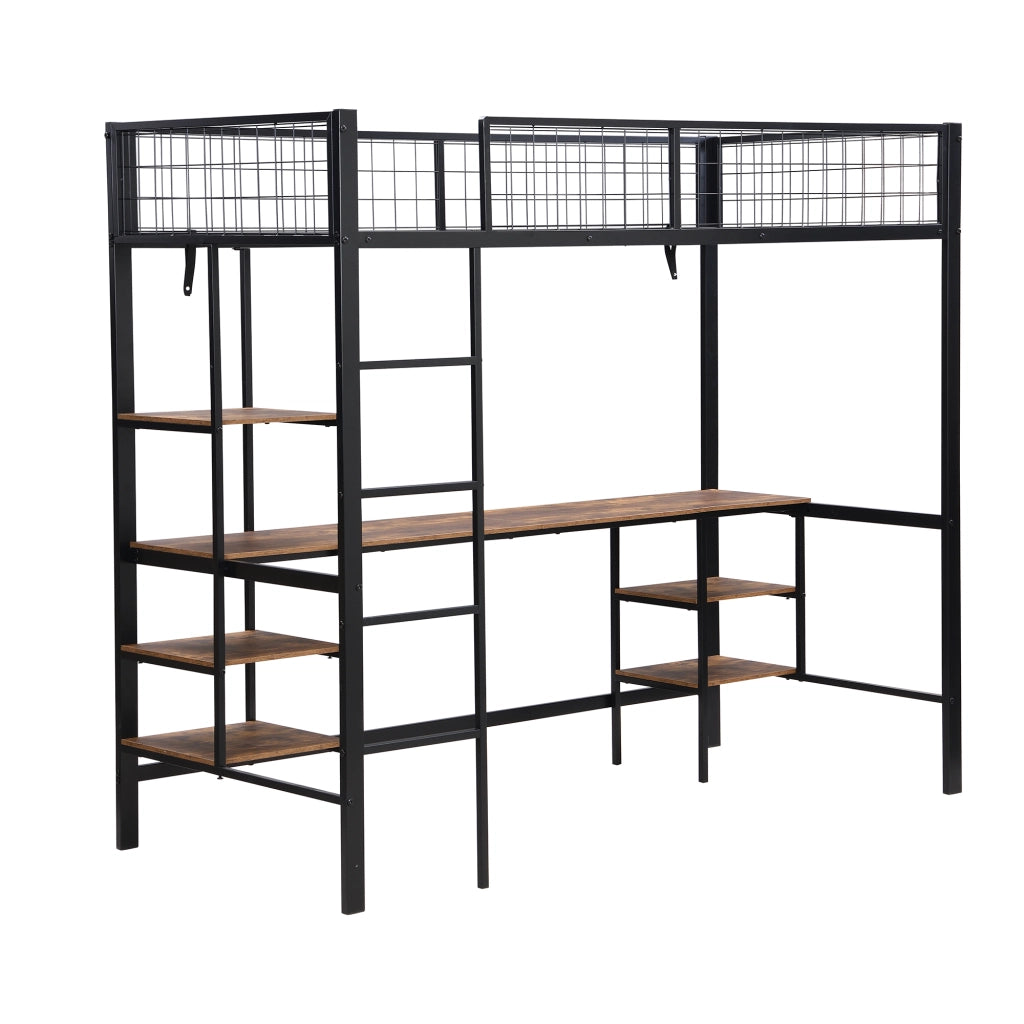 Letto a soppalco 90x200 cm con scrivania e scaffali; struttura in metallo nero e pannelli effetto legno scuro