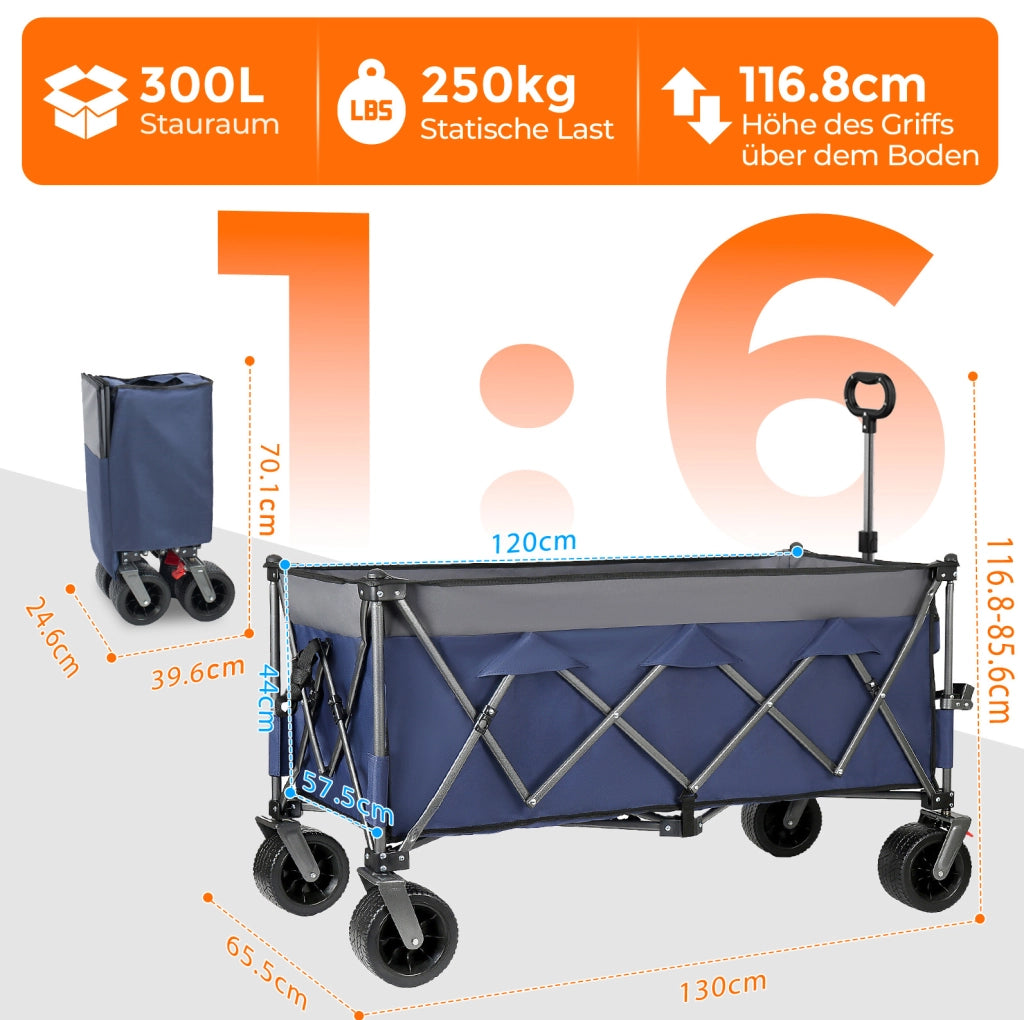 Carrello pieghevole ULEVR 120x57,5x44 cm, portata statica 250 kg, ruote fuoristrada con freni, blu grigio