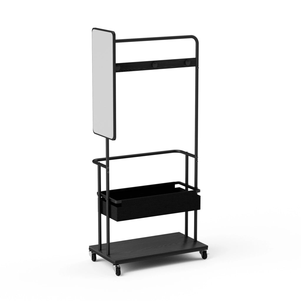 Appendiabiti mobile in metallo con specchio 70x40x170 cm, design 3-in-1 con cesto e ruote, colore nero