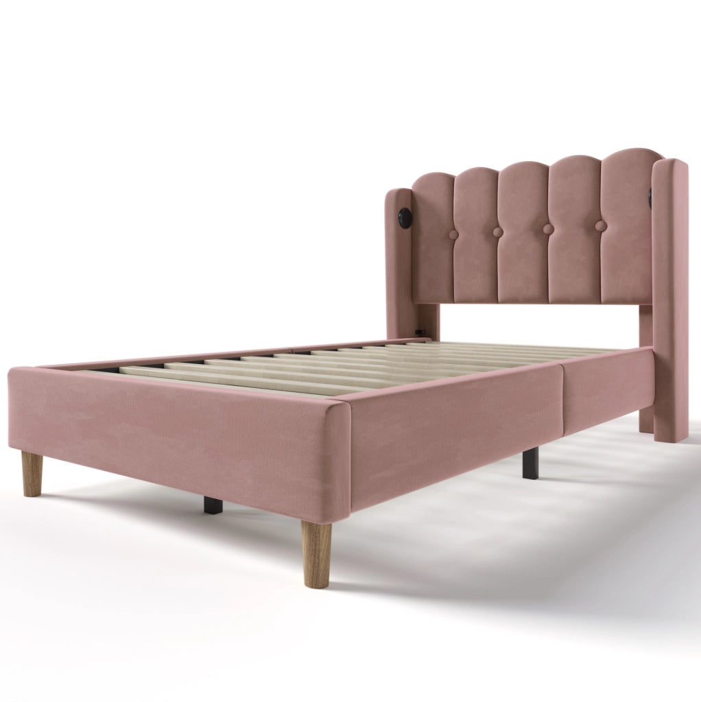 Letto imbottito singolo 90x200 cm in velluto rosa con USB e Type-C