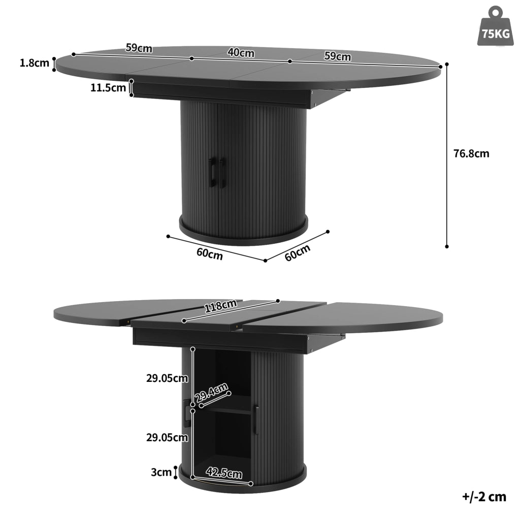 Tavolo da pranzo allungabile nero con vano contenitore, 118-158 x 118 x 76,8 cm