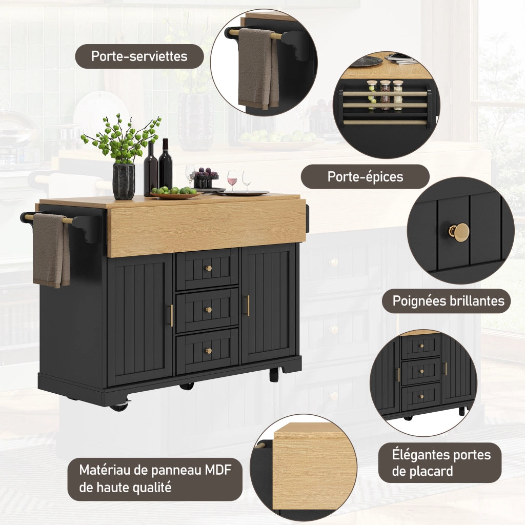 Mobile base da cucina con piano pieghevole su due lati; 3 cassetti; 2 ante; ruote e ripiani regolabili
