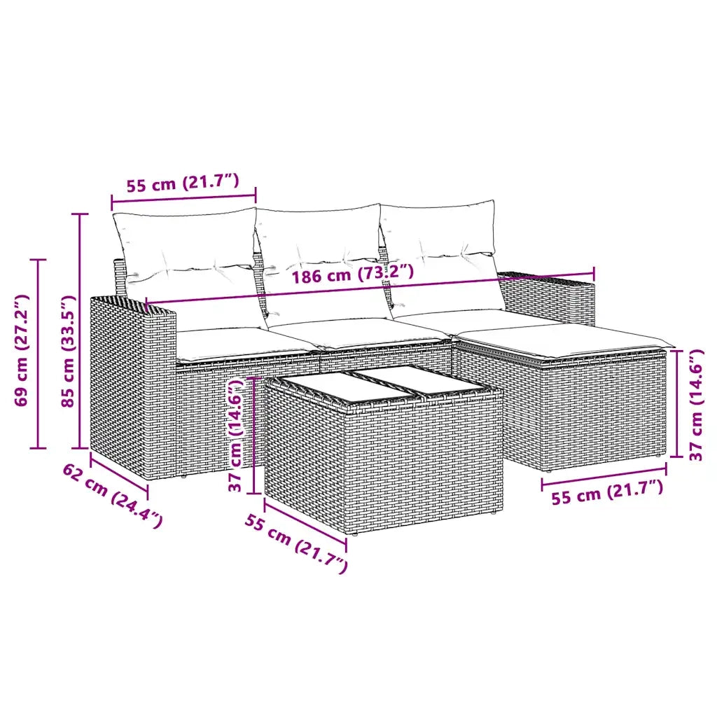 Set Divano da Giardino 5pz con Cuscini Grigio Chiaro Polyrattan