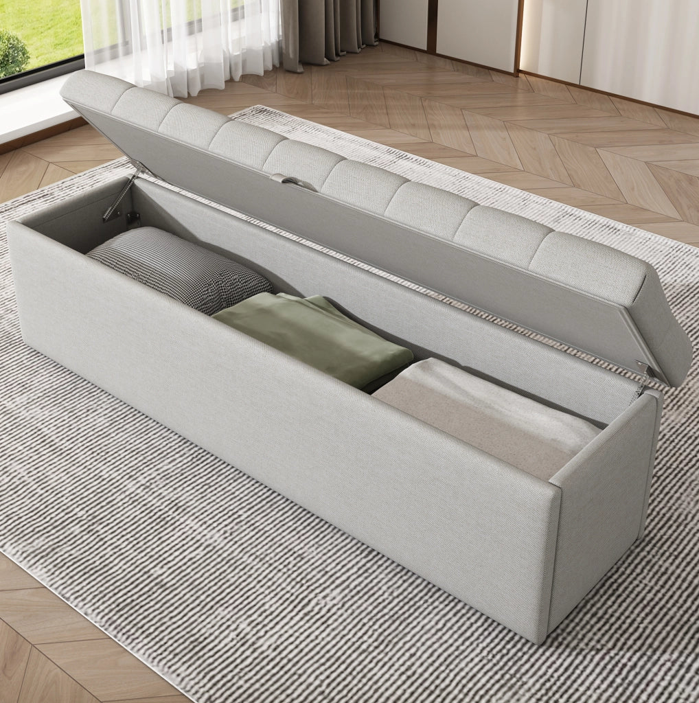 Panca imbottita contenitore in lino grigio chiaro 141 x 41,5 x 47 cm