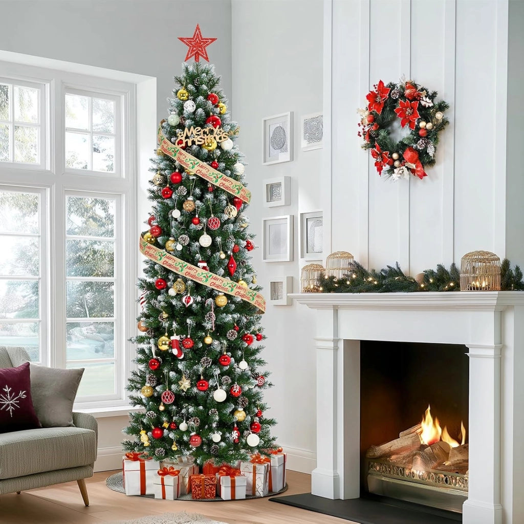 Albero di Natale Slim a Matita 230cm con 400 LED Bianco Caldo 1000 Punte Pigne e Base Metallo