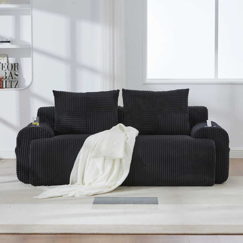 Divano modulare a 2 posti in velluto a coste nero con portabicchieri integrato e tasca laterale 200 × 99 × 80 cm