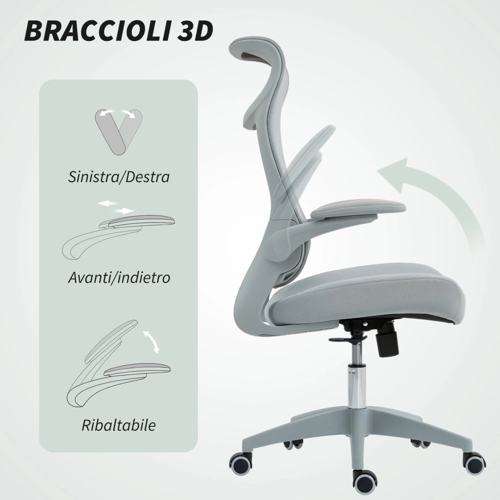 Sedia da Ufficio Ergonomica con Schienale a Rete e Braccioli ¨C Minimal ¨C Grigio