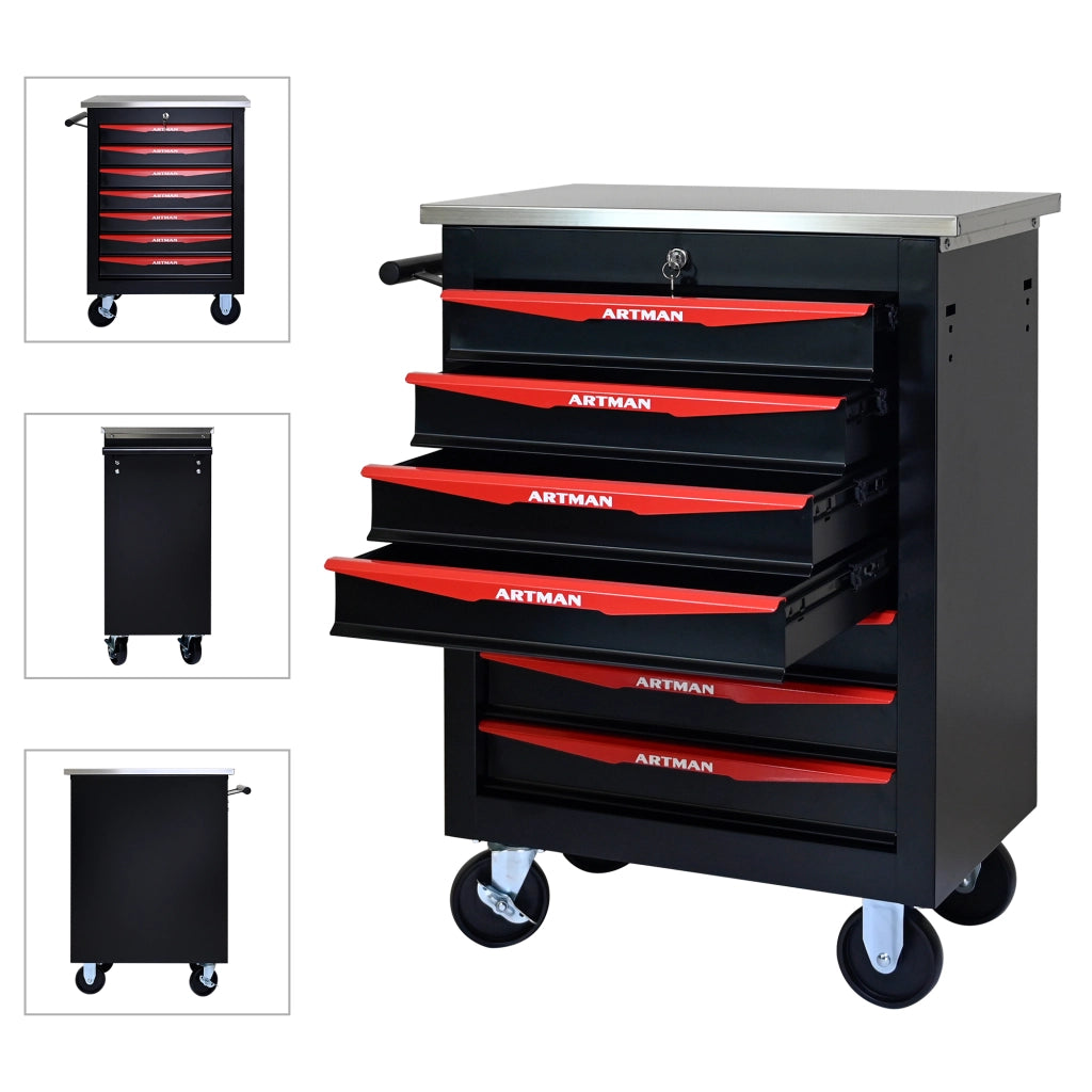 Carrello portautensili con 7 cassetti chiudibile a chiave in acciaio con ruote nero e rosso 62.5 × 34.5 × 78 cm