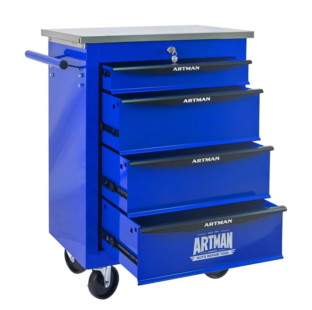 Carrello officina multifunzionale a 4 cassetti con ruote, struttura in acciaio verniciato, con piano in acciaio inox, nero e blu, 62,5x34,5x78 cm