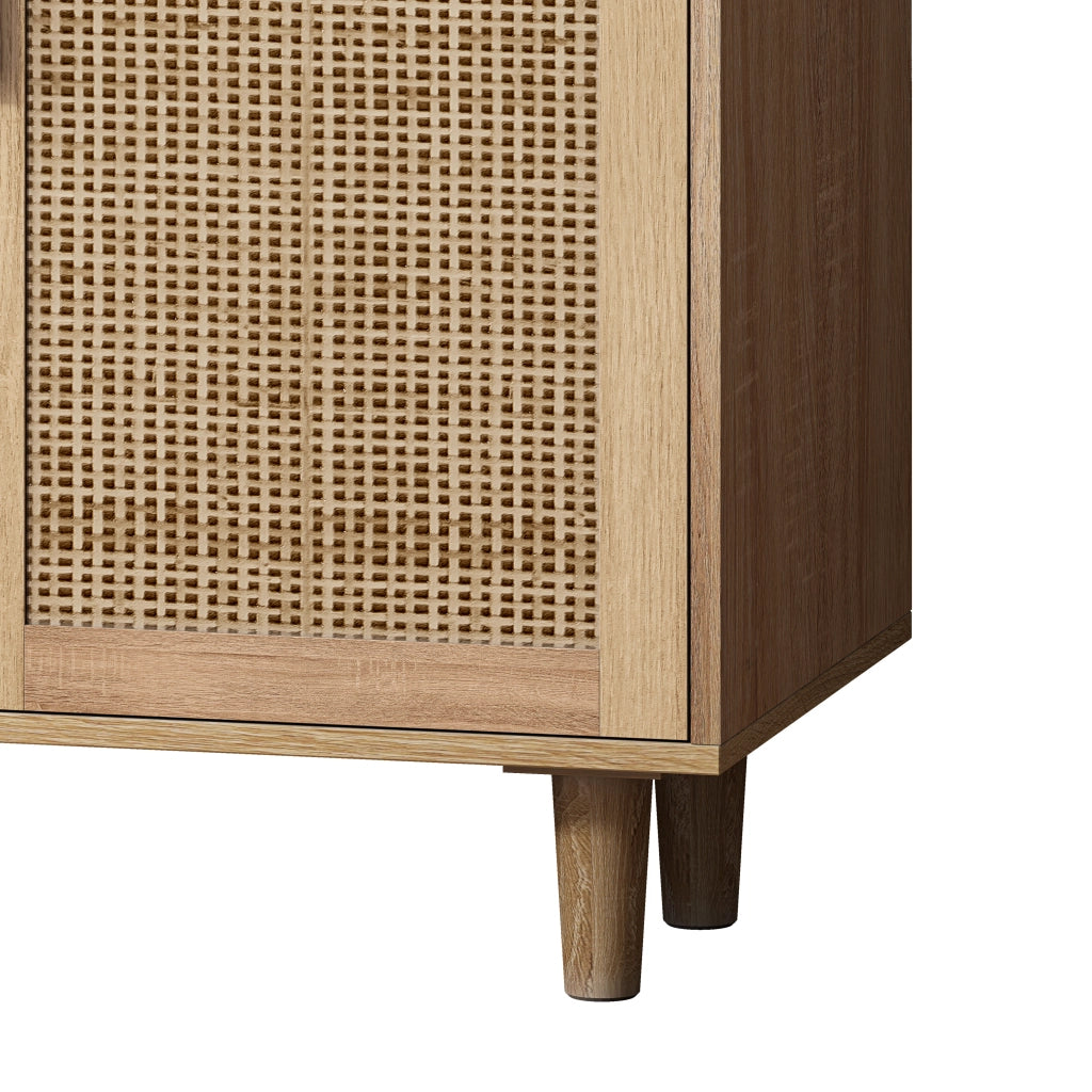 Madia a 4 ante decorative in rattan con ripiano regolabile e gambe in legno naturale 158 × 40 × 88 cm