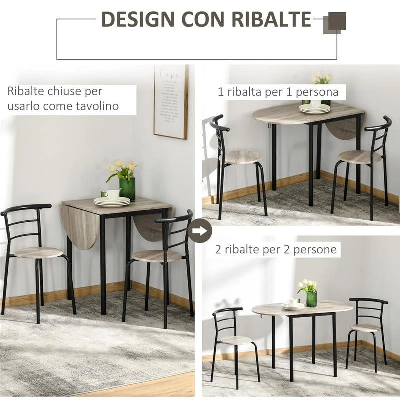 SET DA PRANZO 3 PEZZI CON 2 SEDIE E 1 TAVOLO DA PRANZO OVALE IN MDF E ACCIAIO