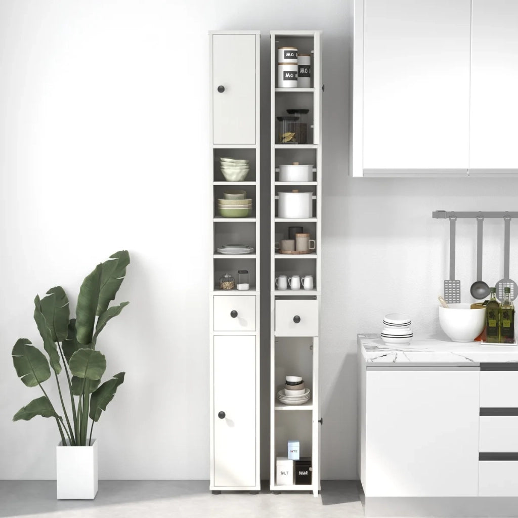 Armadio alto da bagno a colonna, 180 cm, 2 ante e 1 cassetto, MDF bianco, salvaspazio per casa