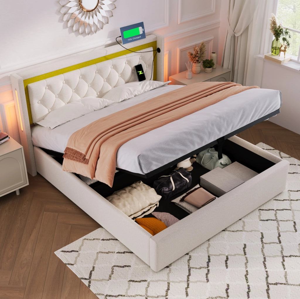 Letto contenitore 140x200 beige con LED, ricarica USB-C e rete a doghe