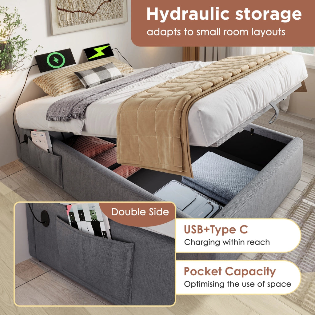 Letto contenitore 90 × 190 cm con USB e Type-C senza testiera in cotone e lino grigio