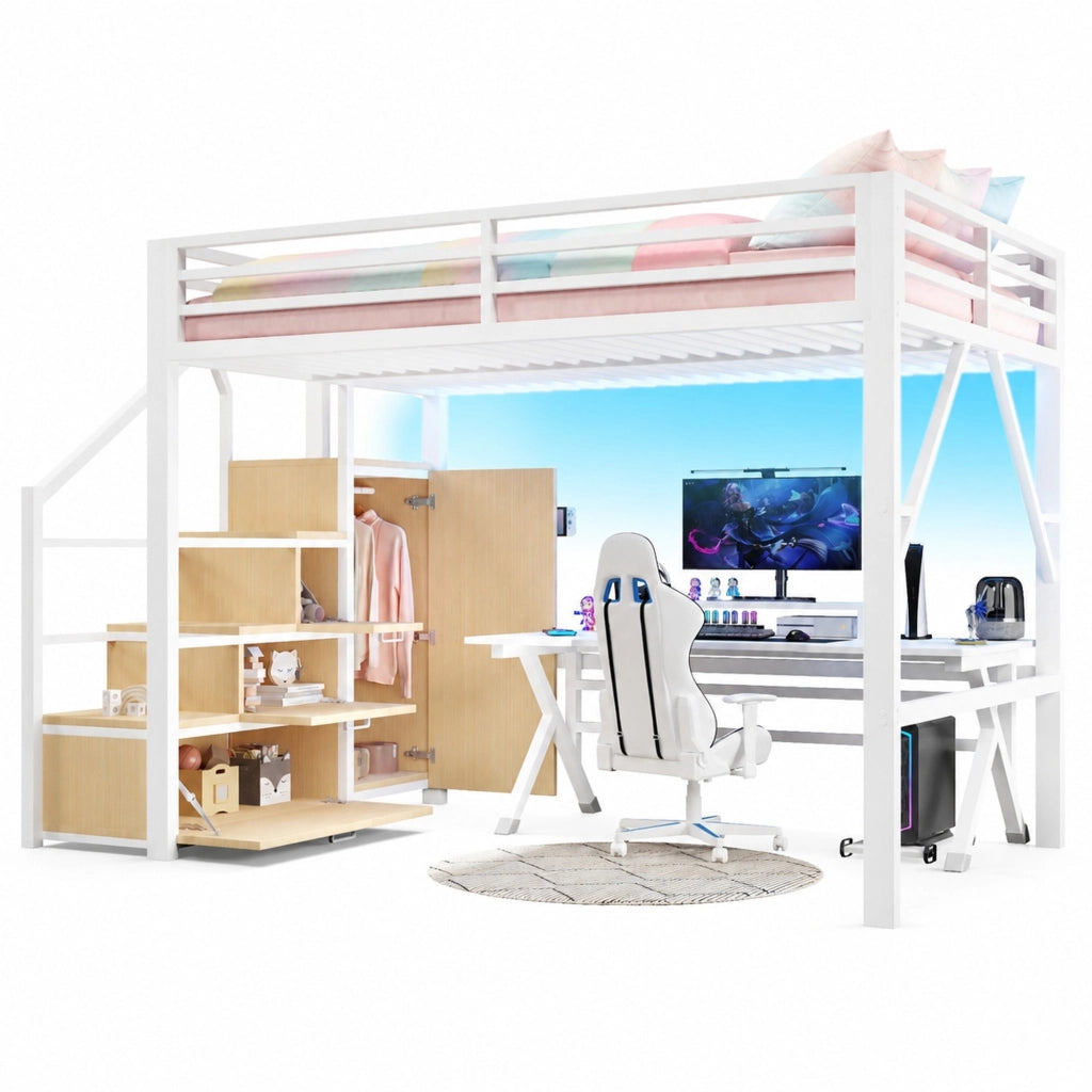 Letto a soppalco 140 × 200 cm in metallo e MDF bianco con armadio ripiani scala contenitore e luci LED