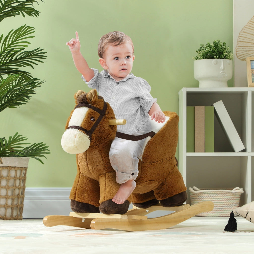 Cavallo a Dondolo per Bambini 18-36 Mesi con Suoni, Base in Legno e Cintura di Sicurezza, Marrone