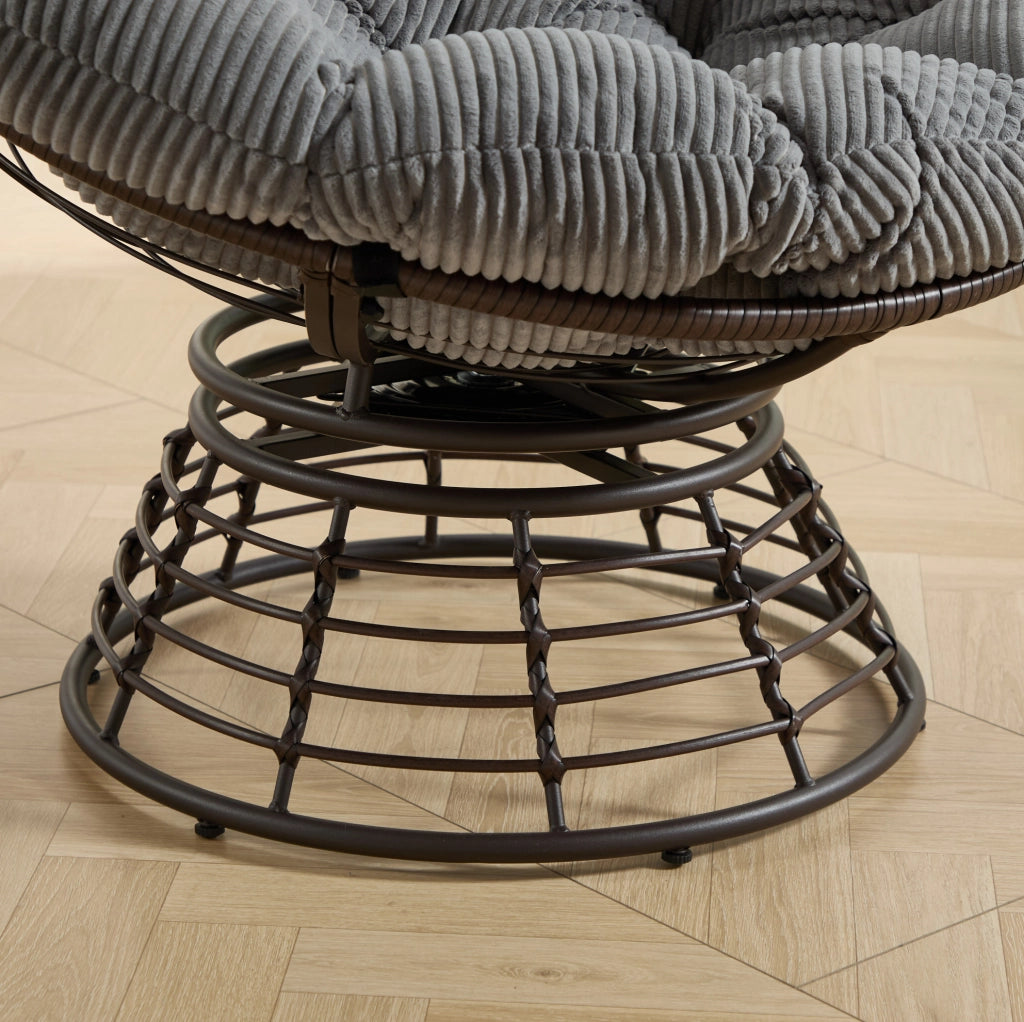 Sedia Papasan Ergonomica in Rattan con Cuscino Spesso e Girevole a 360°, Telaio Marrone e Cuscino Grigio in Velluto a Coste