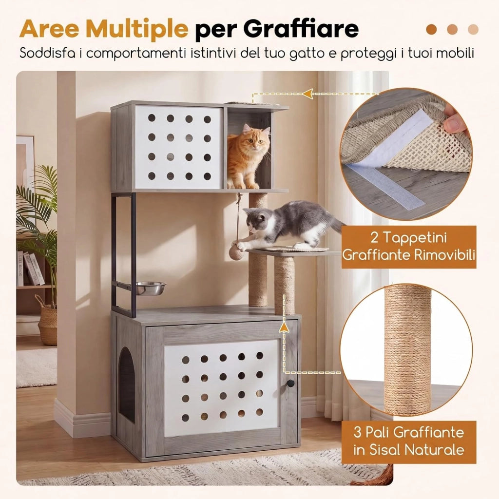 Mobile Lettiera Gatti Multilivello in Legno con Ciotola, Grigio
Albero Tiragraffi per Toilette Nascosta con Cuccia, Piattaforme di Attività, Tiragraffi e Giocattoli, 73 x 43 x 117,5 cm