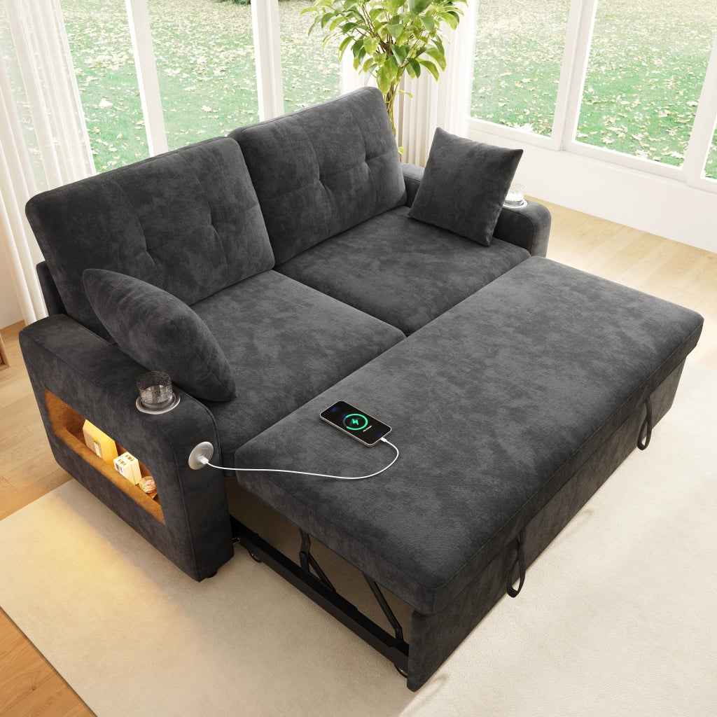 Divano letto 2 posti estraibile con LED, USB e USB-C, vani e portabicchieri grigio