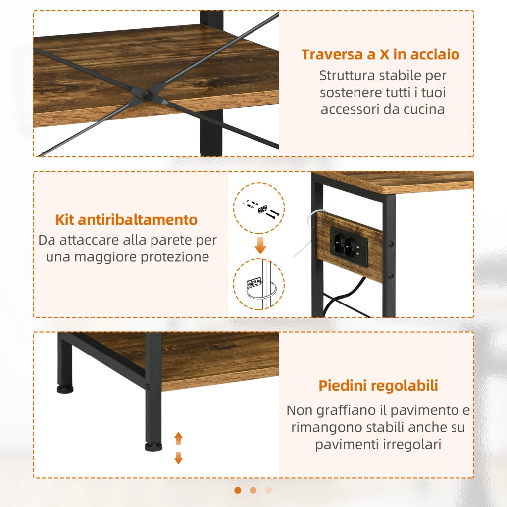 Mobile da Cucina Multiuso a 3 Ripiani in Truciolato con Presa Elettrica, Porta USB e Cestino, 90x40x83cm