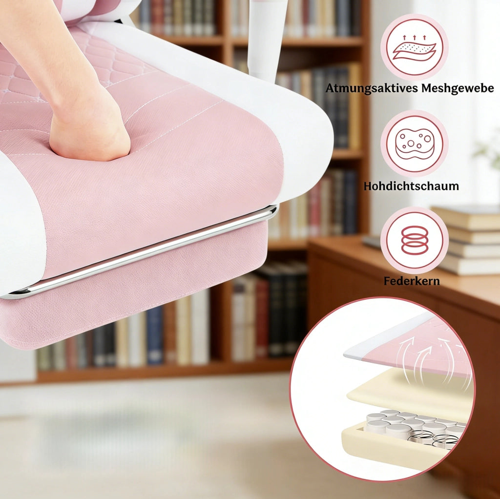 Sedia gaming ergonomica rosa e bianca con massaggio USB