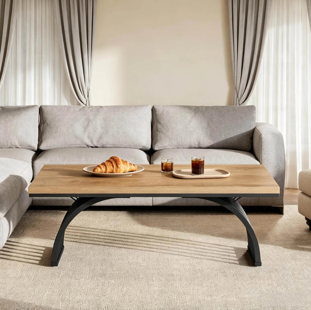 Tavolino da caffè 120 cm con piano in legno e struttura in metallo nero e marrone