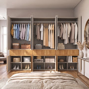 Armadio con ante battenti 270x50x200 cm, 12 porte, 3 appendiabiti e 3 cassetti, finitura quercia chiara