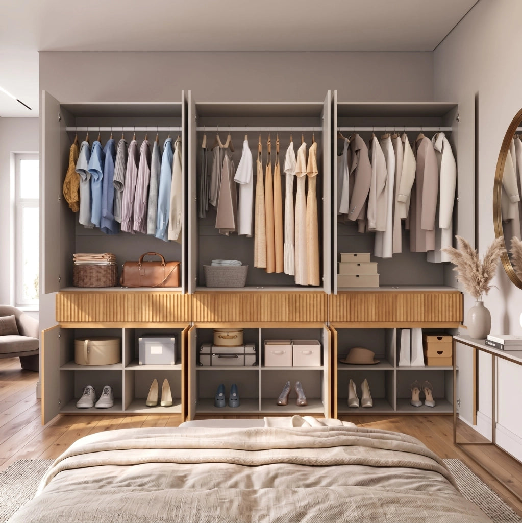 Armadio con ante battenti 270x50x200 cm, 12 porte, 3 appendiabiti e 3 cassetti, finitura quercia chiara