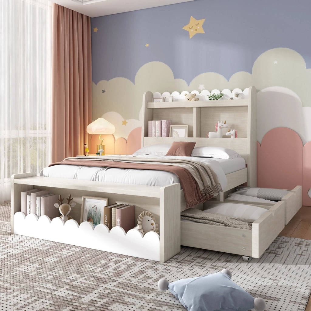 Letto singolo multifunzione 90x190 cm con cassetti, ripiani e struttura in legno