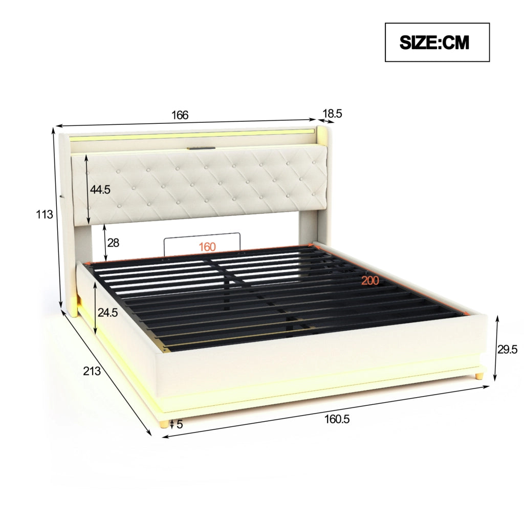 Letto imbottito beige 160x200 cm con LED, USB e vano contenitore