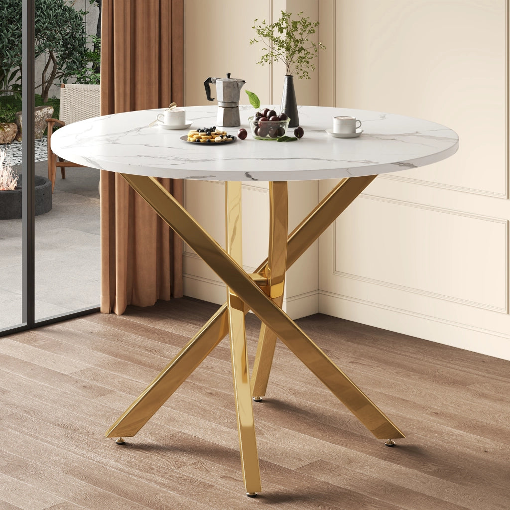 Tavolo da pranzo rotondo da 80 cm con piano effetto marmo e gambe dorate, moderno e stabile